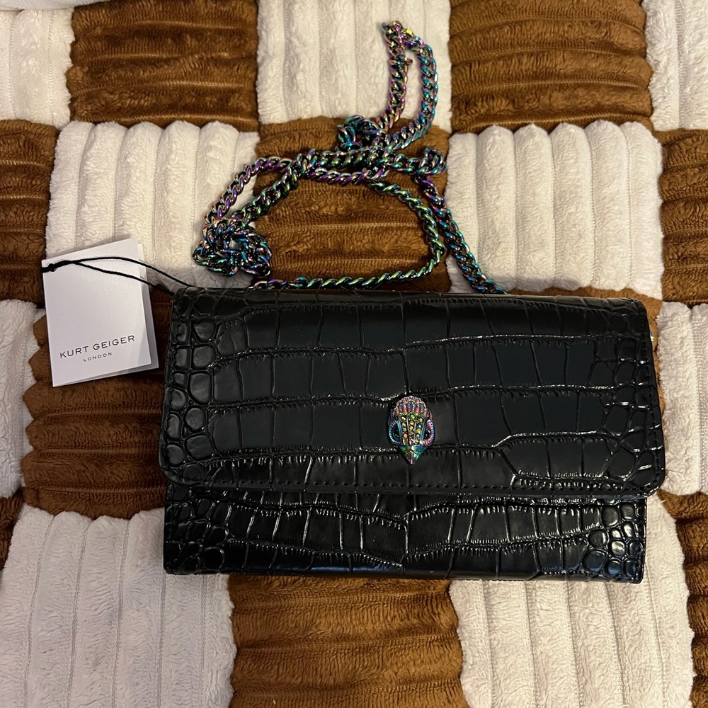 Kurt Geiger Kensington Black Croc Print Wallet on Chain NWTS!